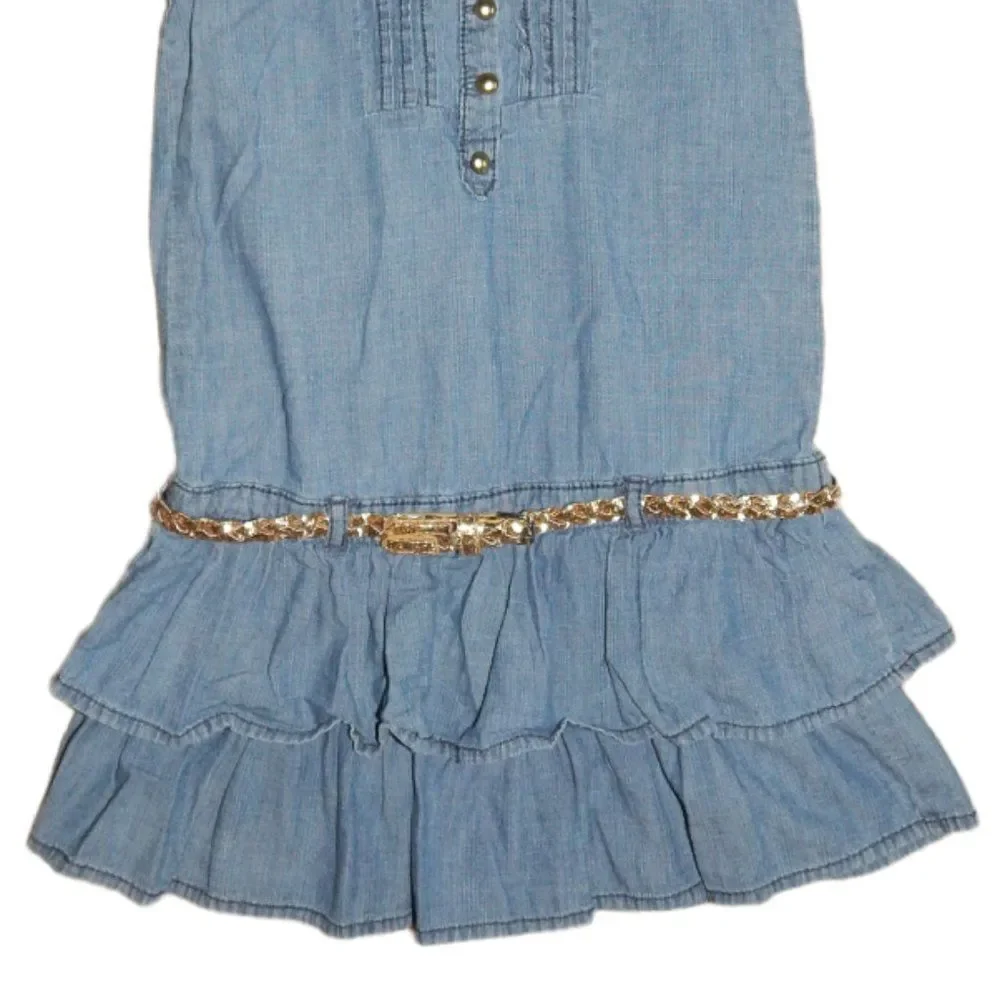 Gymboree Girls 7 Cotton Denim Sleeveless Ruffle Dress Gold Glitter Braided Belt